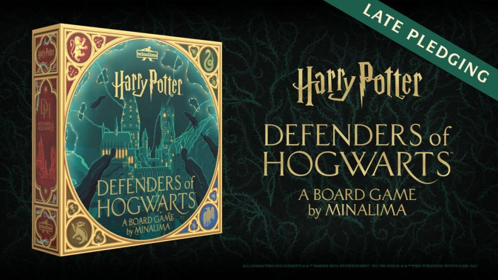 MinaLima’s official Defenders of Hogwarts board game box and campaign artwork